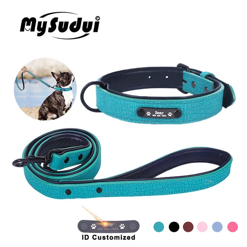 Dog Collars Custom Dog Collar Leash Set Leather Padded Engraved Personalized Leather Dog Collars And Leashes For Small Medium Large Dogs LJ201112 H250