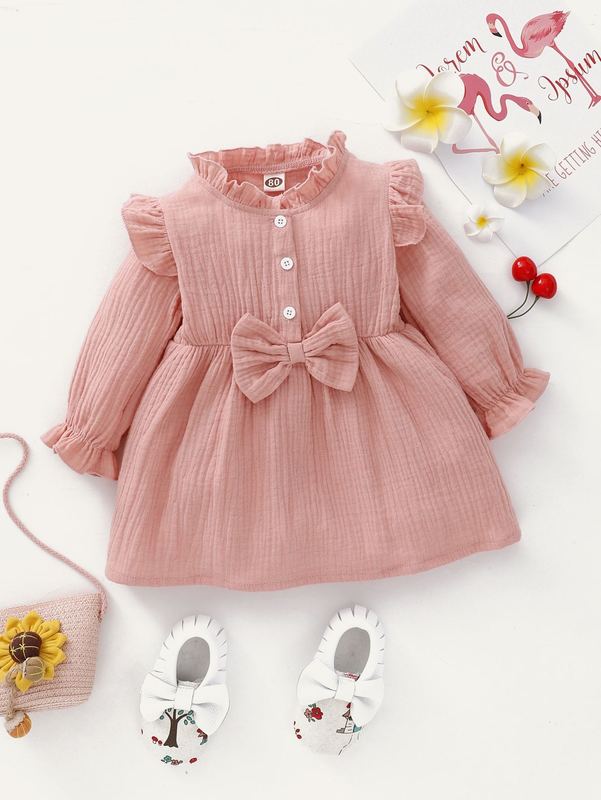 Baby Girl Textured Bow Front Frill Trim Dress SHE