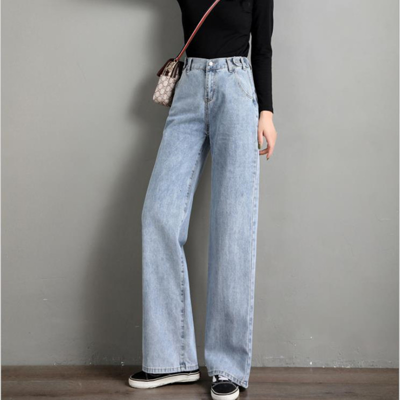 2021 Spring New Female Jeans with Thin Waist Broad Legs Xwjc, Blue