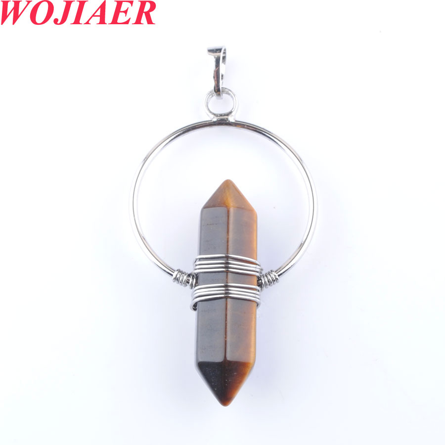 WOJIAER Vintage Natural Stone Pendant Crystal Healing Pointed Hexagon Pillar Circle Wire Wrap Dangle Women DBO908