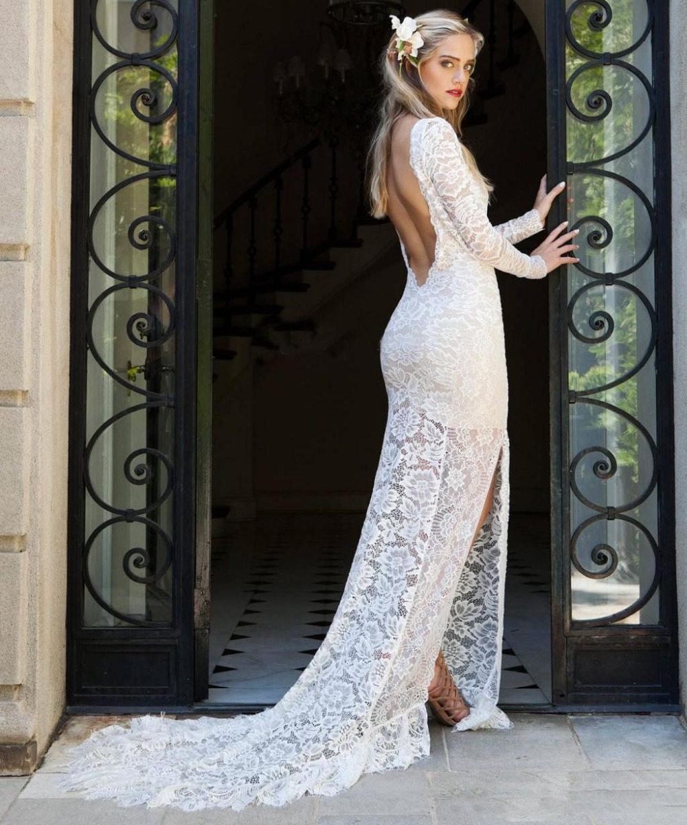 Sexy Backless Sheath Boho Beach Lace Wedding Dresses Illusion Full Sleeves Long Train Bohemian Bridal Gown Side Split Bohemian Wedding Dress