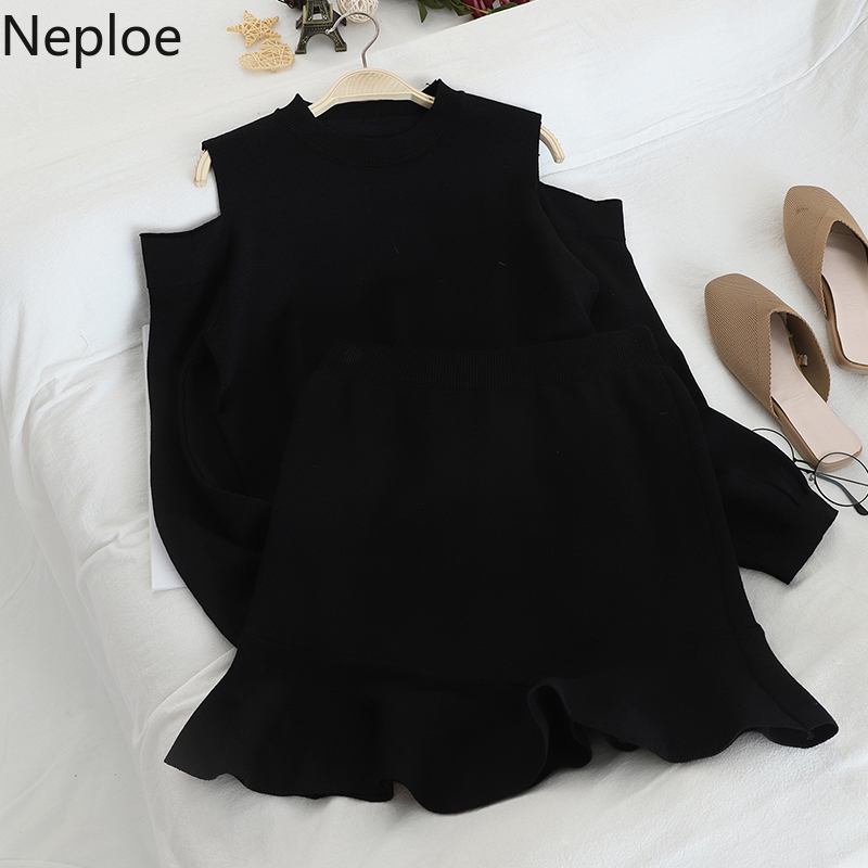 Neploe Fashion 2 Pcs Women Set O Neck Pullover Off Shouder Knit Sweater High Waist Hip Skirt Solid Autumn Winter Chandal 48296