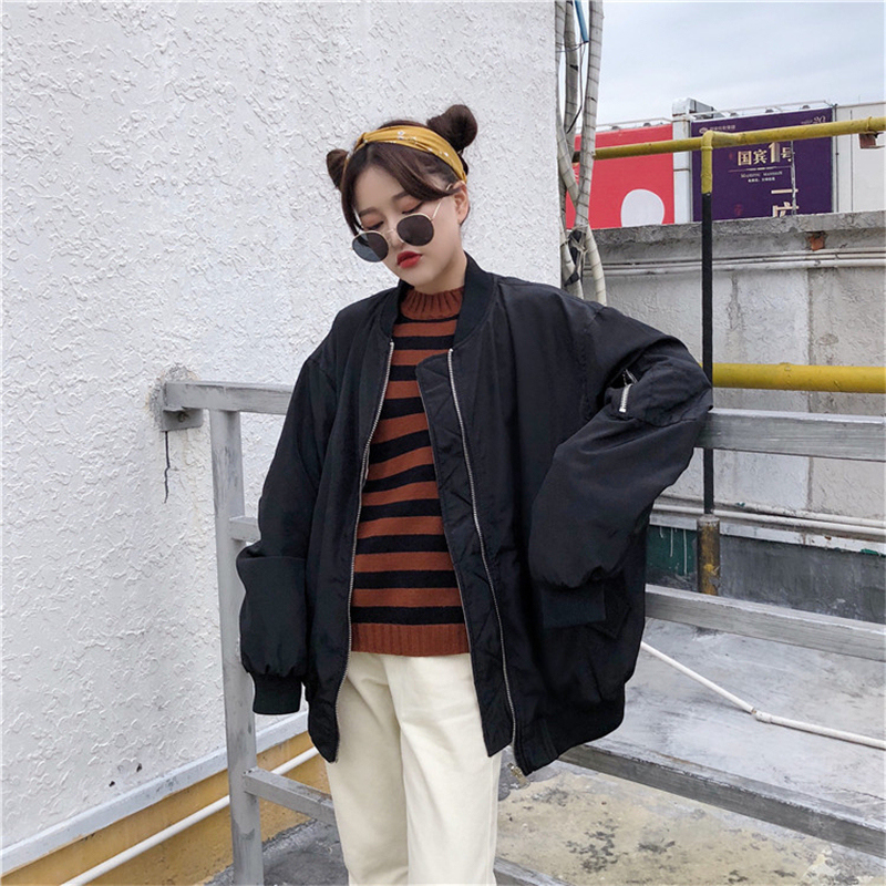 Women Bomber Jacket Boyfriend Oversize Long Sleeve Basic Coat Female Zipper Spring Armygreen Black Baggy Baseball Uniform Jacket 201022