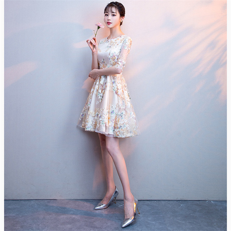 Party Dress Women Champagne XS2XL Plus Size A Line Mini Dresses New Spring Summer Floral Elegant Slim Dress Vestido LD1042 T200113