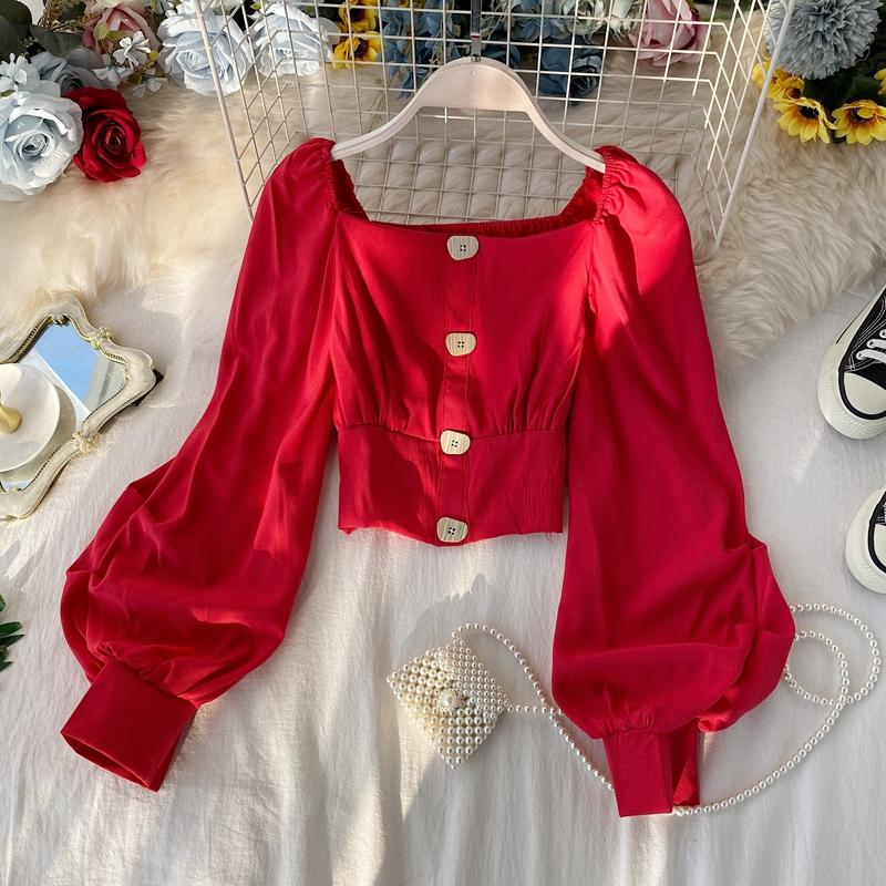 Vintage design women blouses square collar solid puff sleeved slim short high waist button female pulls tops outwear, See chart
Vintage design women blouses square collar solid puff sleeved slim short high waist button female pulls tops outwear, See chart
