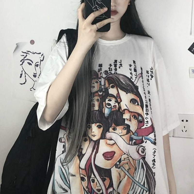 

Horror Manga Print Short Sleeve Goth T Shirt for Women Girl Harajuku Tshirt Korean Clothes Junji Ito Graphic Gothic Clothing X1217, Purple
