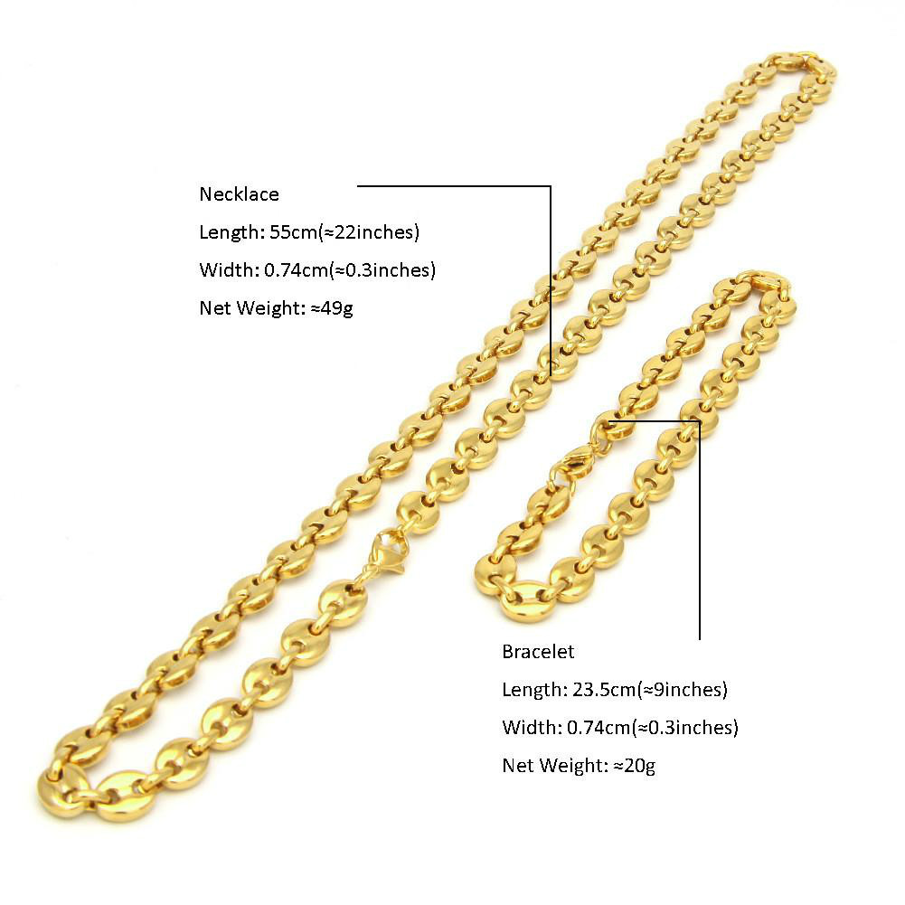 316L Stainless Steel Coffee Bean Chain 22quotNecklace and 8quotBracelets Fashion Hip Hop Jewelry Set Gold Chain for Men