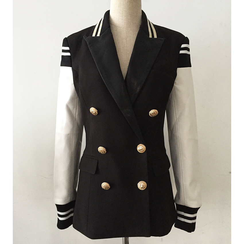 HIGH STREET Fashion Stylish Blazer Varsity Jacket Women's Leather Sleeve Patchwork Lion Buttons Blazer 201008