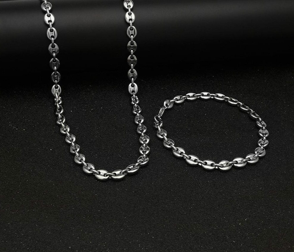 316L Stainless Steel Coffee Bean Chain 22"Necklace and 8"Bracelets Fashion Hip Hop Jewelry Set Gold Chain for Men, Silver
316L Stainless Steel Coffee Bean Chain 22"Necklace and 8"Bracelets Fashion Hip Hop Jewelry Set Gold Chain for Men, Silver
