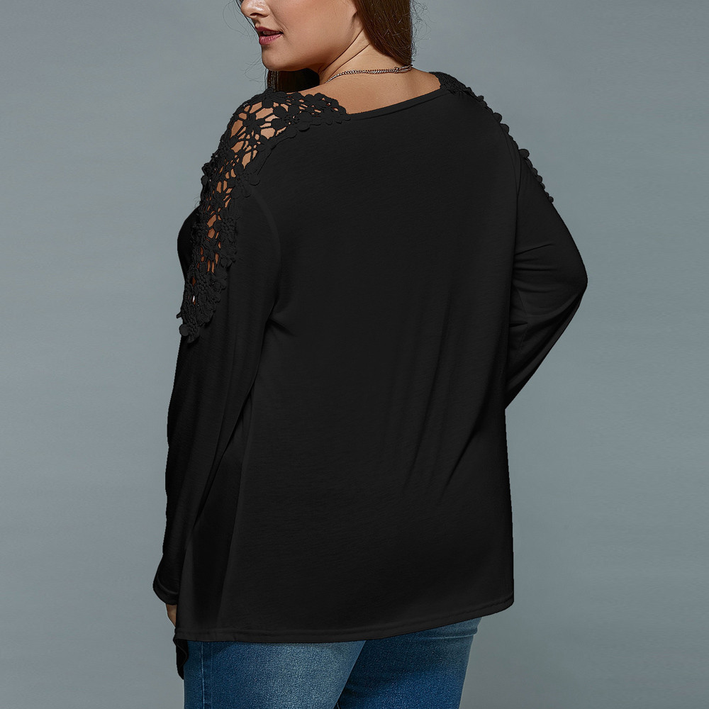Plus Size Fashion Summer Lady Lace Women Girls Long Sleeve T-shirt Casual Top V-Neck Solid Lace Large Size Woman Clothes 6XL 7XL 201028