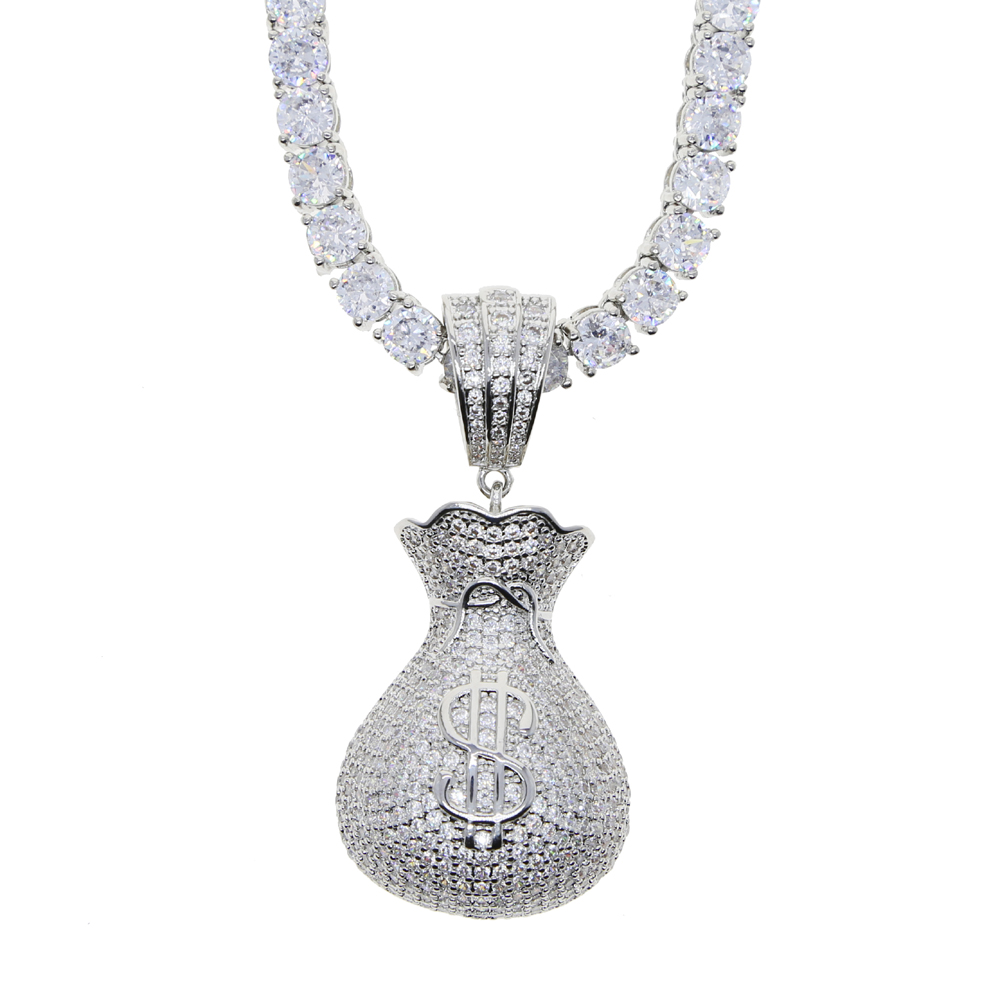 Full Micro Paved Cubic Zirconia CZ Iced Out Dollar Money Bag Pendant Hip Hop Women Necklace With Tennis Box Chain