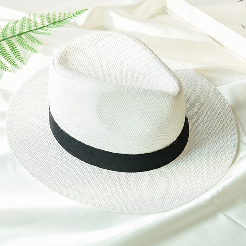 HT2261 2020 New Summer Hats for Men Women Straw Panama Hats Solid Plain Wide Brim Beach with Band Unisex Fedora Sun Hat
