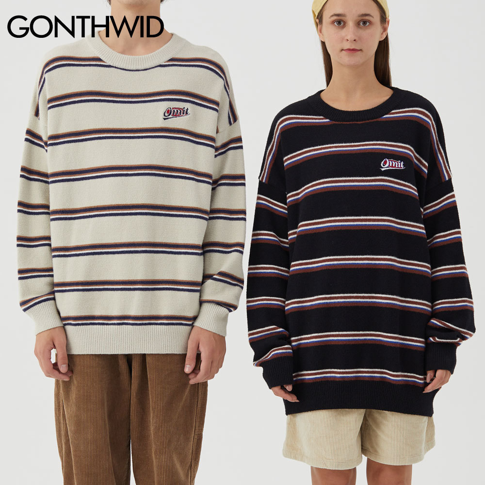 GONTHWID Harajuku Stripe Knitted Jumpers Sweaters Streetwear Hip Hop Casual Pullover Knitwear Mens Fashion Crew Neck Tops 201203
