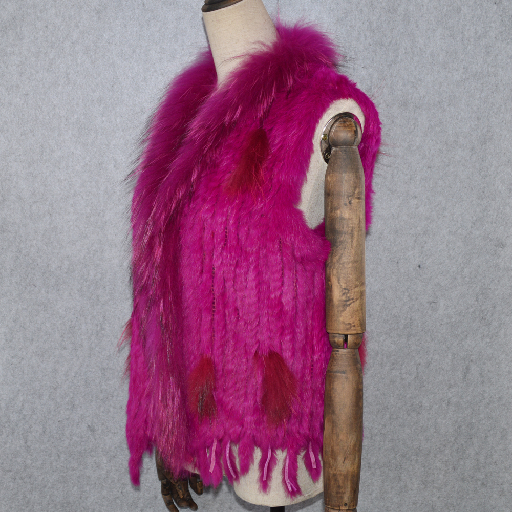 Party Women Real Rabbit Fur Vest Knitted Tassels Real Genuine Rabbit Fur Gilet Real Raccoon Fur Collar Waistcoat 201016