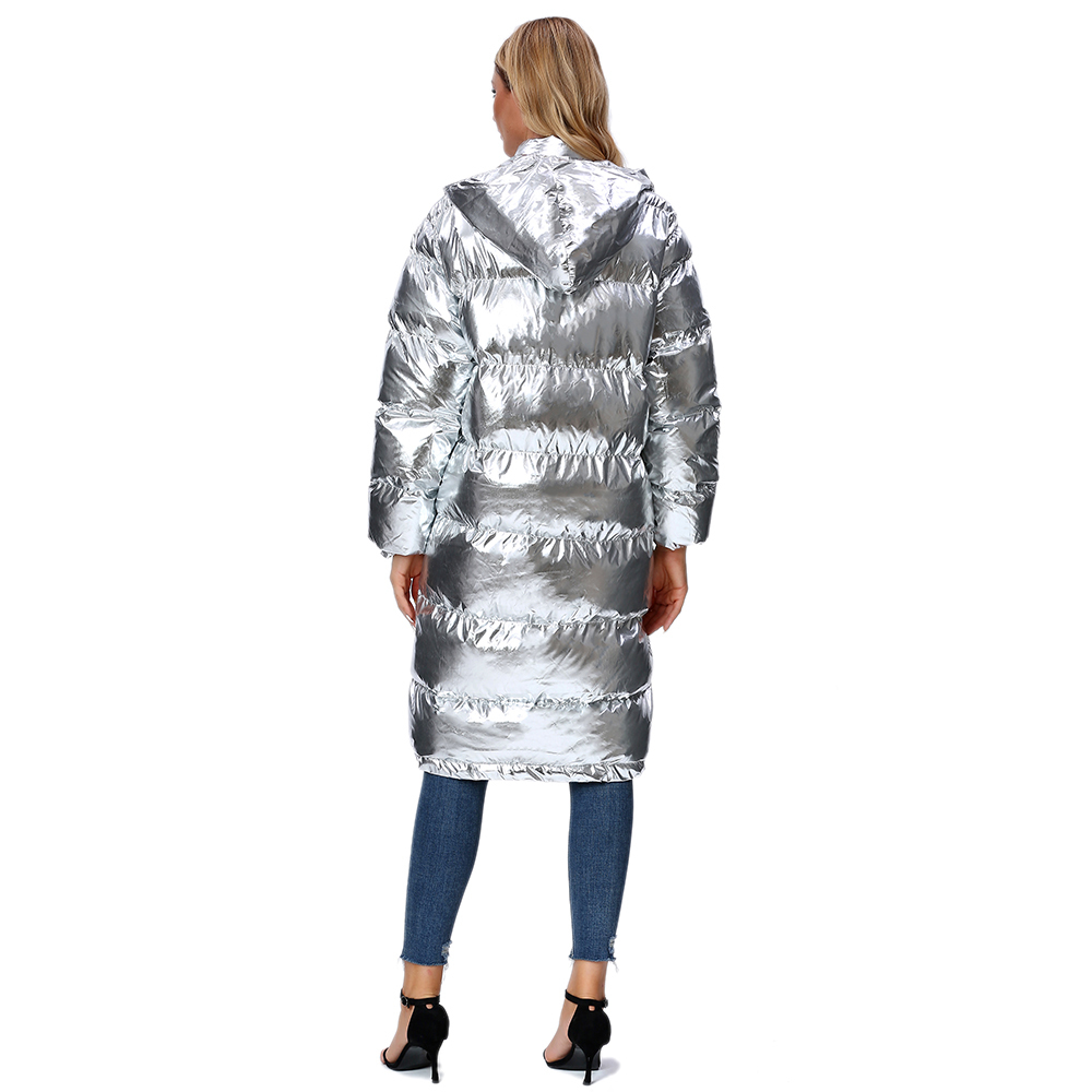 L77street Liizi Winter Thick Tooded Shiny Woman Winter Jacket Silver Long over-the-knee versatile Cotton coat 201110