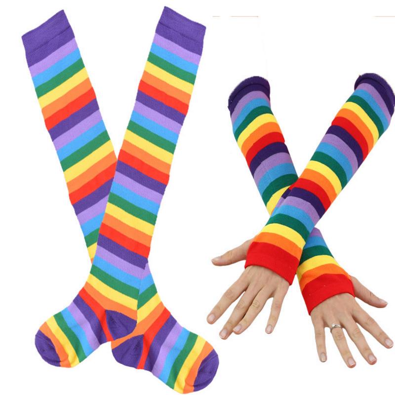 Rainbow Costume Set Stripe Knee High Socks Arm Warmer Fingerless Gloves Set for Teen adults Halloween Cosplay Xmas Dress-up Stage Wear