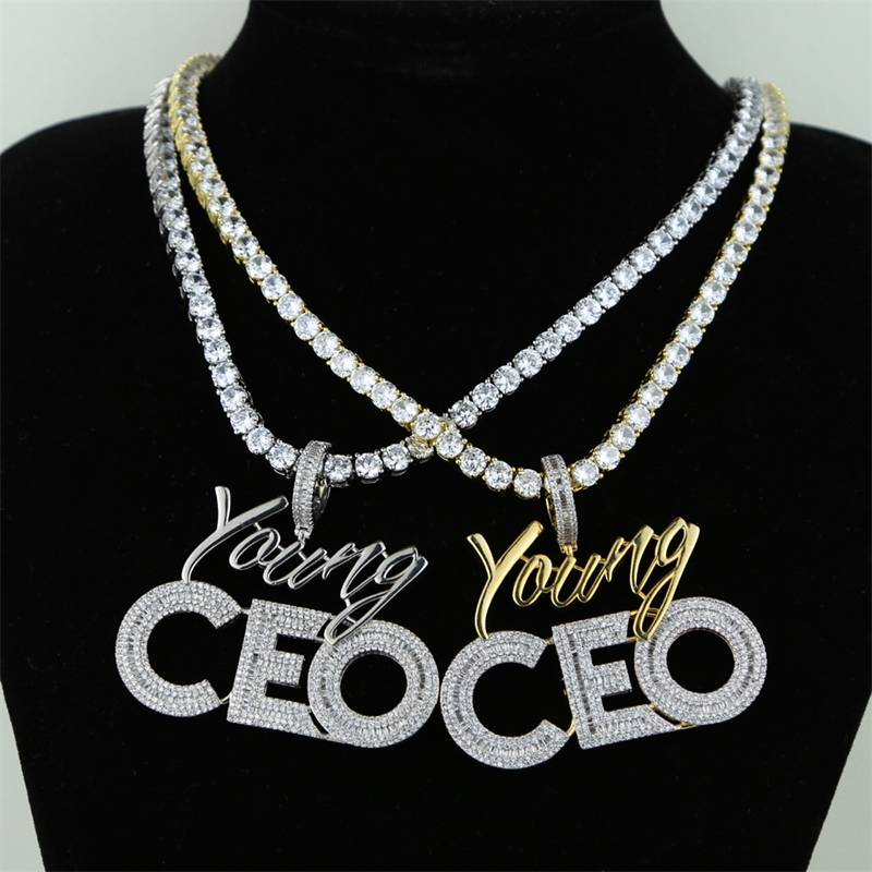 High quality Hip hop bling men jewelry 5A cubic zirconia iced out bling baguette cz Young CEO pendant necklace rope tennis chain 201014