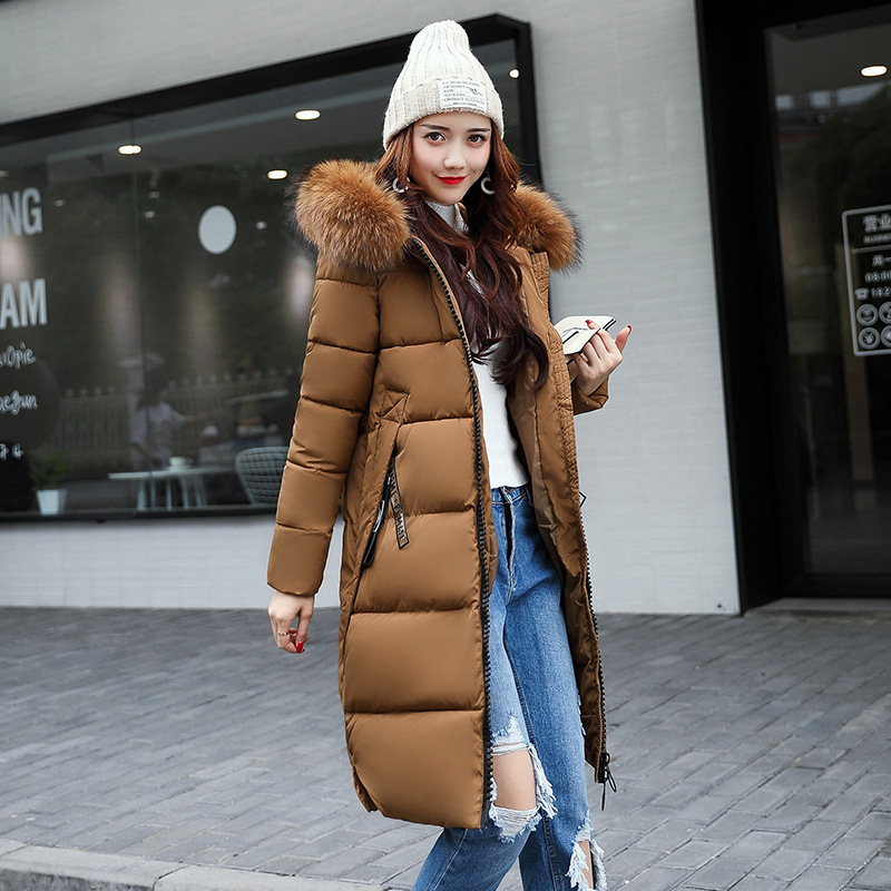 Women's Down Parkas Winter Jacket Big Fur Collar Thick Slim Coat Fashion Hooded Cotton Outerwear Long Winter Woman Coat 201217