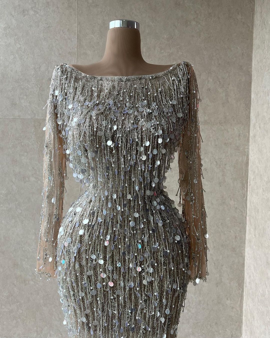 Luxury Mermaid Formal Prom Dresses With Jewel Long-sleeves Evening Dress Chic Tiered Party Gowns Custom Made Sequined race Robe de mariée