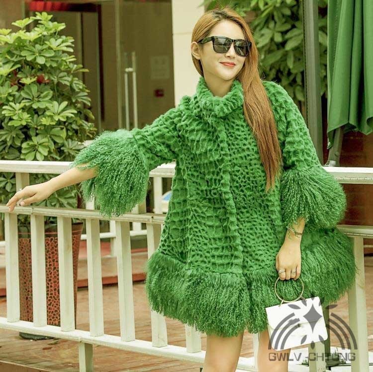 New Genuine real natural rabbit fur coat women's fashion fur jacket with lamb fur sleeve and hem ladies stand Collar loose style 201209
