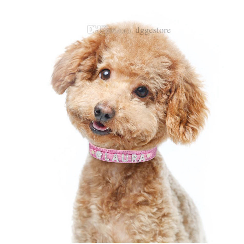 PU Leather Custom Dog Collars with Rhie Personalized Name Letters Diamante Jewelry Gems DIY Pet Tag Croco Collar Charms for Small Medium Dogs Large Ca