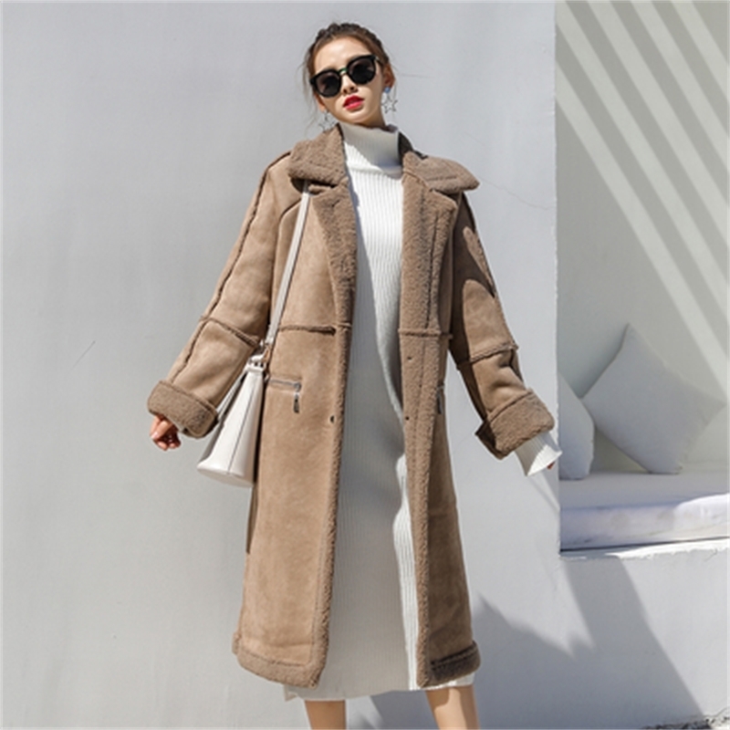 Korea Winter Women Faux Sheepskin Suede Suede Coat Thick Coat Flocking Wool Women's Long Leather Coats Plus Size Outerwear 201020
