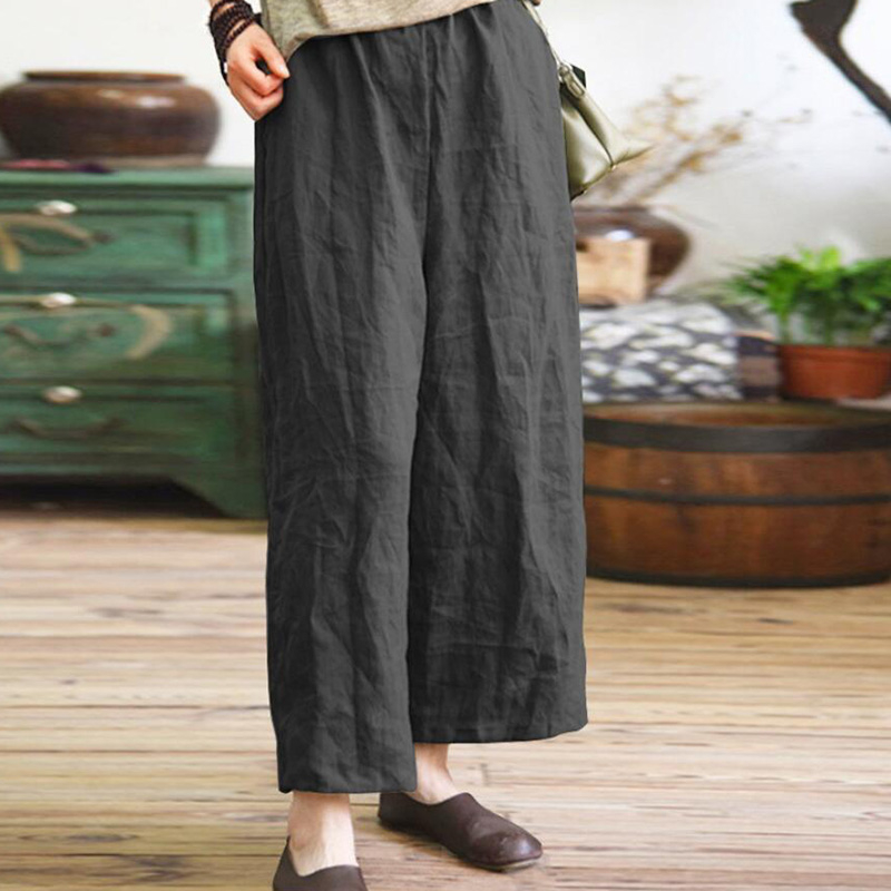 2019 Women Loose Long Pants Wide Leg Pants Cotton Linen Summer Casual Femme Pants Elastic Mid Waist Straight Harem Trousers T200319
