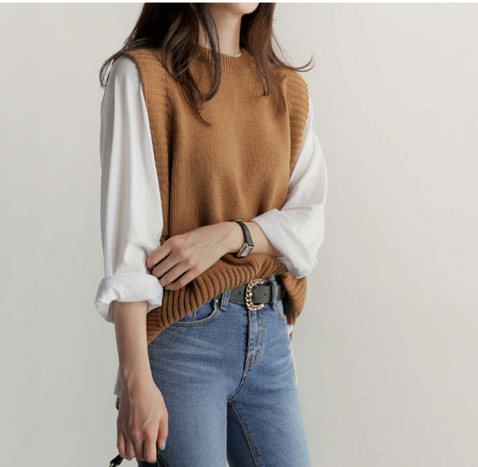 solid loose sweater spring autumn Women's vest knitted vest O neck joker knitted vest womens vests winter outerwear plus size 201211