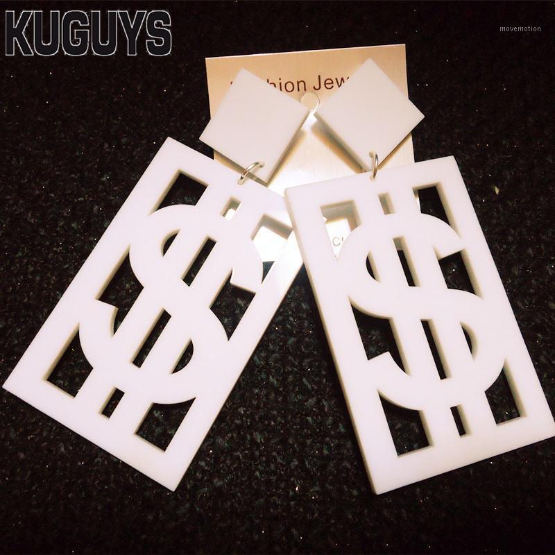 KUGUYS Fashion Jewelry Oorbellen White Black Gold Large Earrings for Women Pendientes HipHop Dollar Drop Earring DJ DS Brincos1