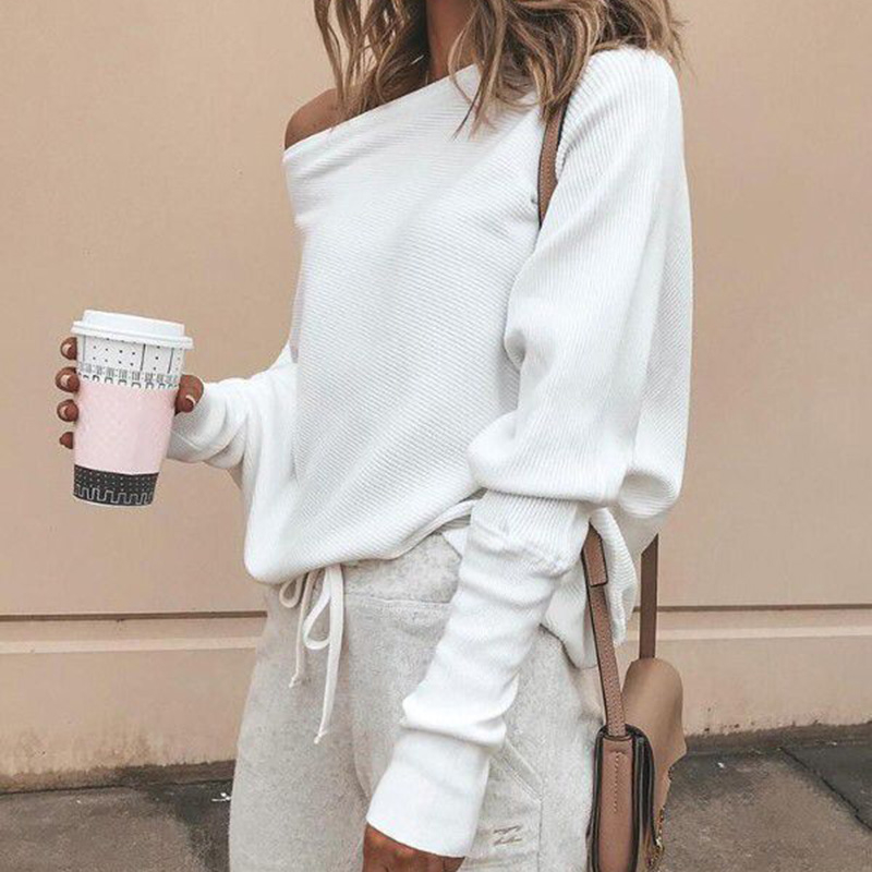 Batwing sleeve casual loose sweater tops pullover Fashion autumn off shoulder knitted sweater Solid grey white knitwear jumper T200319
