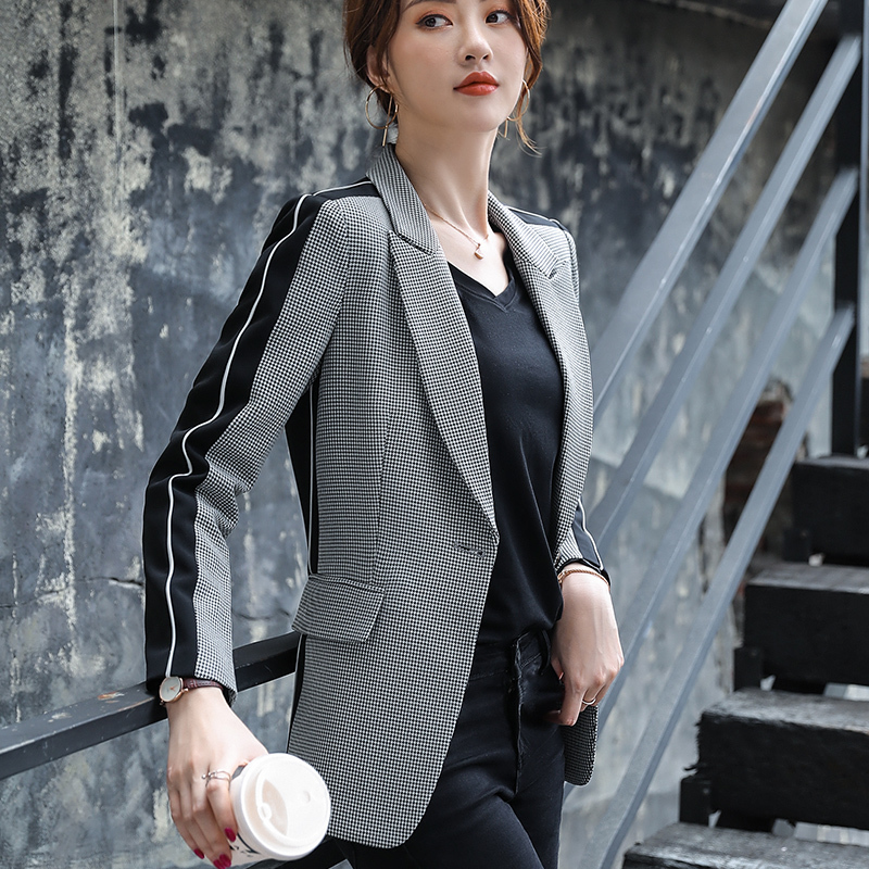 Lenshin Women Elegant Plaid Jacket with Pockets Blazer Fashion Keep Slim Single Button Office Lady Contrast Color Coat Outwear 201102