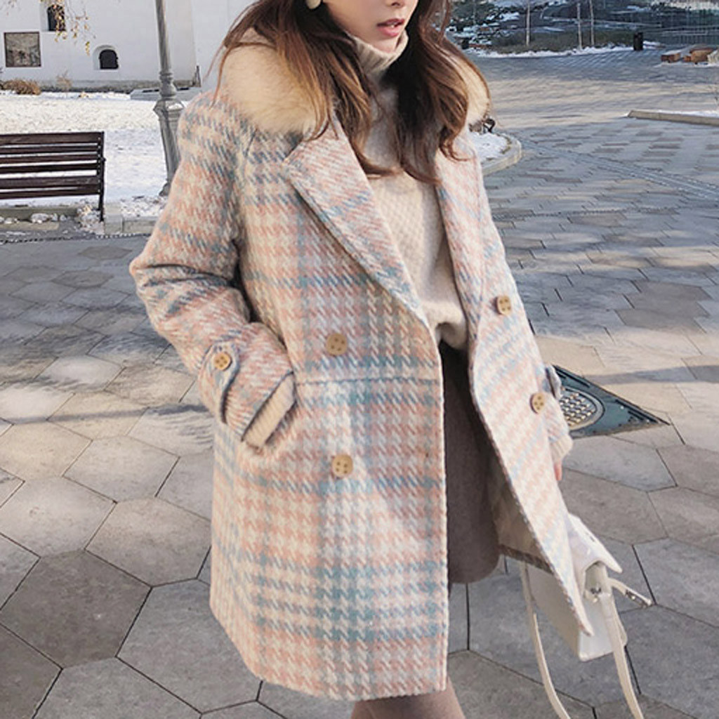Autumn Winter Clothing Women Plaid Coat Fashion Long Woolen Coat Loose Wool Blends Women Jackets Outerwear Elegant Overcoat 201102