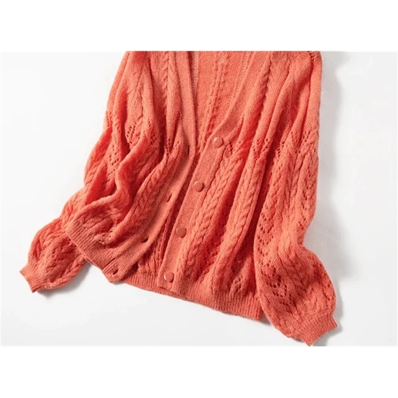Four Kind Color Women Mohair Knit Sweater V-neck Hollow out Long Puff Sleeve Loose Cardigan Single Breasted Knitwear Coat New 201111wtt