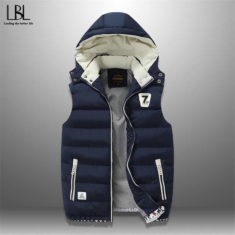 New Men Casual Winter Vest Warm Men's Sleeveless Jacket Hooded Vests Fashion Overcoat Autumn Waistcoat Hat Detachable M-5XL 201216