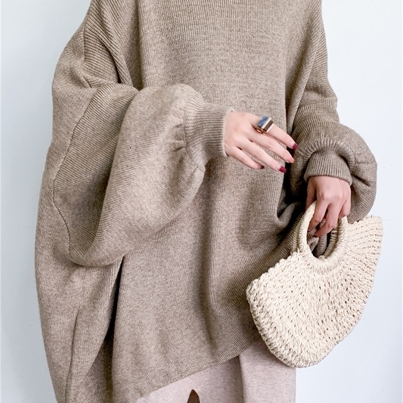 LANMREM autumn New Fashion Solid Color Round Neck Pullover Bat Sleeve Large Size Long Knit Sweater Women PB615 201030wtt