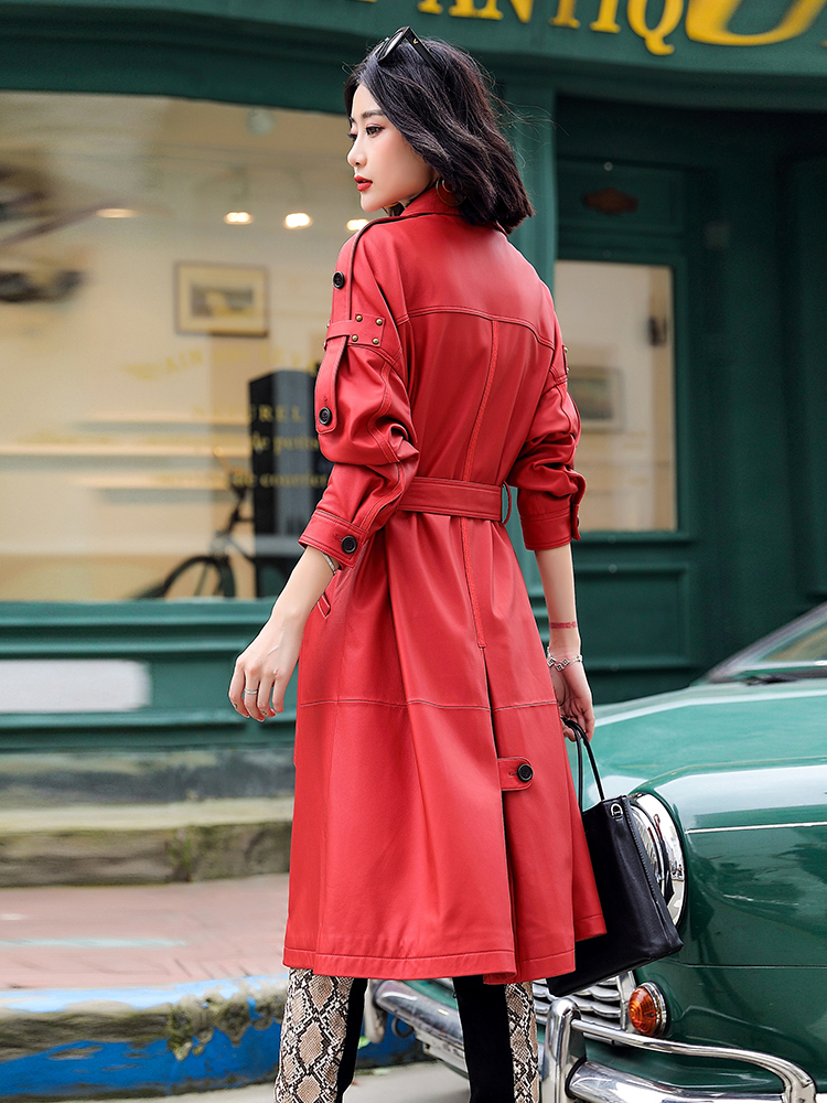 Lautaro Long red leather trench coat for women Plus size faux leather coat women Runway fashion Spring coat for women 7xl 201029