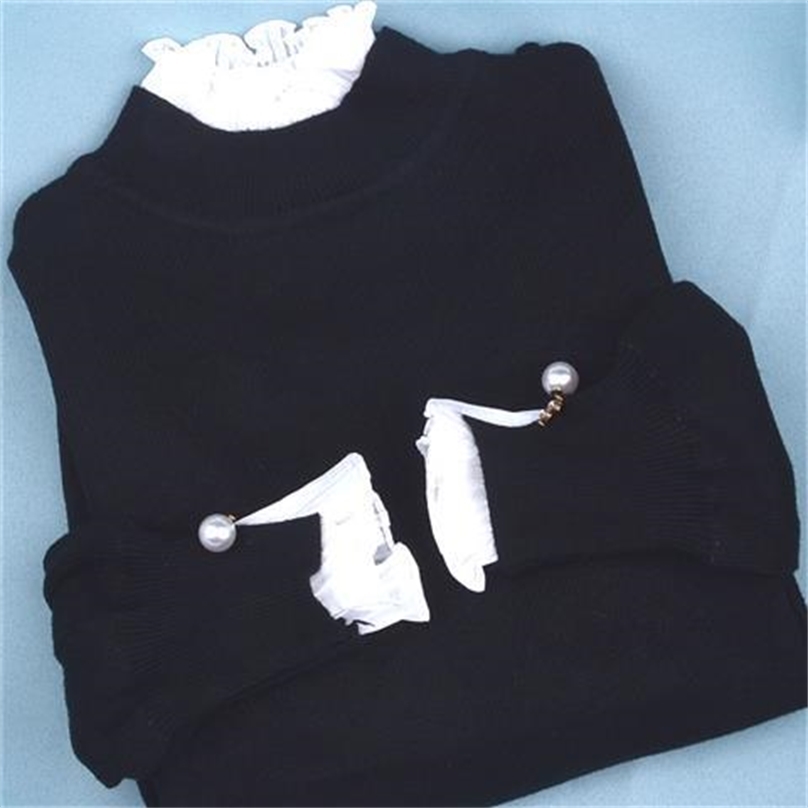 Women Sweet Patchwork Chiffon Sweater Autumn Winter Ladies Pearls Long Sleeve Pull Pullover Sweater Female Knitted Tops 201223