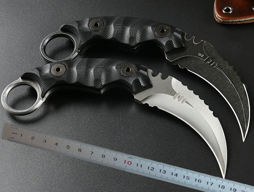 High Quality Karambit Knife D2 Satin / Stone Wash Blade Black Full Tang G10 Handle Claw Knives With Leather Sheath