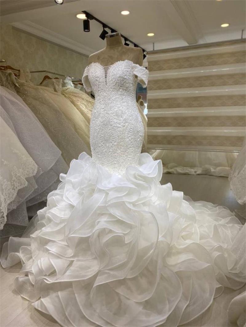 Gorgeous 2022 Tiered Skirts Mermaid Wedding Dresses Bridal Gowns Off The Shoulder Lace Appliqued Organza Vestido De Novia