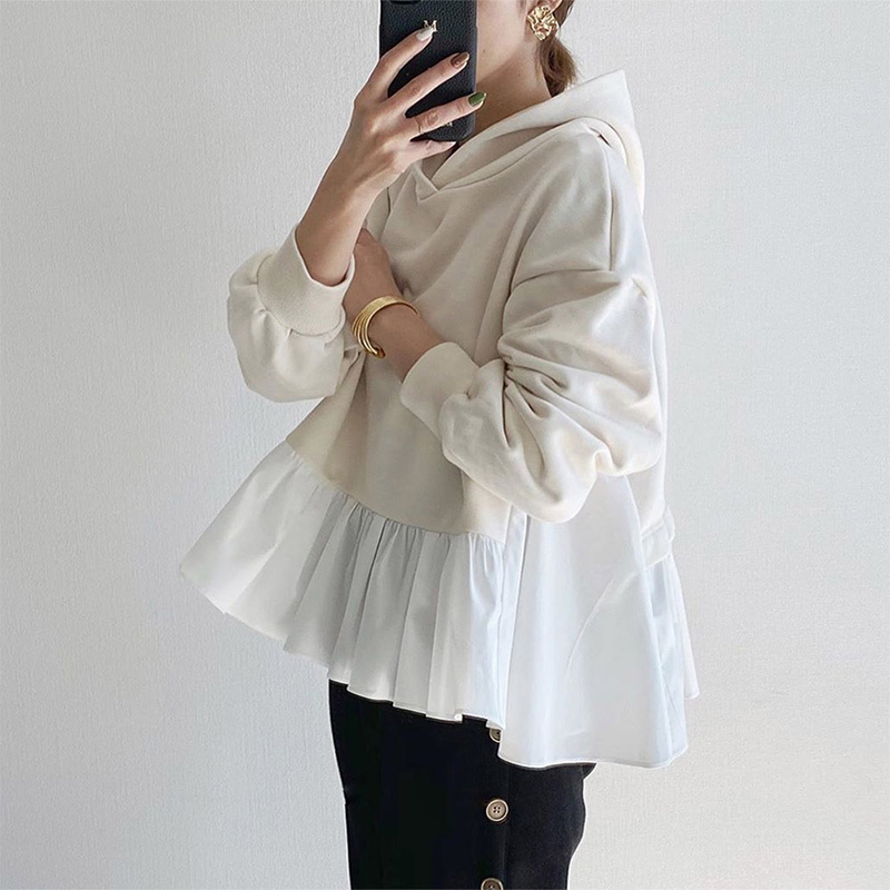 Ruffled Patchwork Hooded Women Hoodies Autumn Long Sleeve Thicken Female Sweatshirts Korean Streetwear Casual Lady Pullover 201203