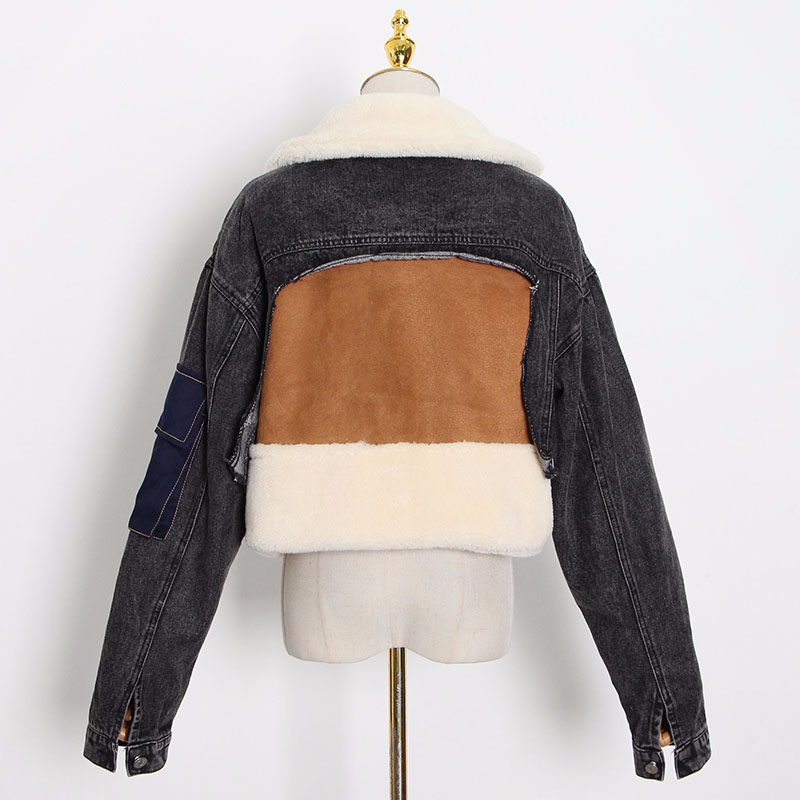 TWOTYLE Patchowrk Denim Lambswool Jacket Women Lapel Long Sleeve Thick Coat Tops Female Winter Casual Fashion Big Size 201017