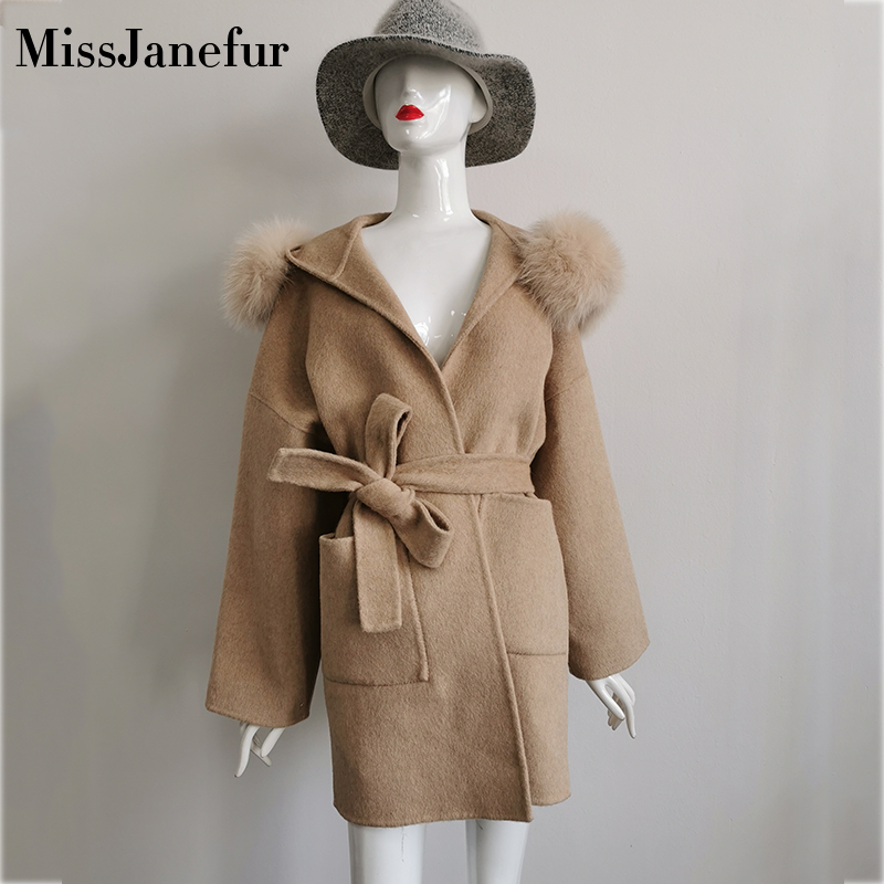 Cashmere Jacket Women Ladies Hand Made Women Fox Fur Collar Wool Coat Casual Winter Wool Jacket Woolen Overcoat Cashmere Coat 201217