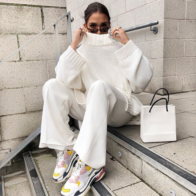 Rapwriter New Women's Autumn Winter Knitted Long Sweaters Women Oversize Pullover Turtleneck Solid Minimalist Loose Tops 201023