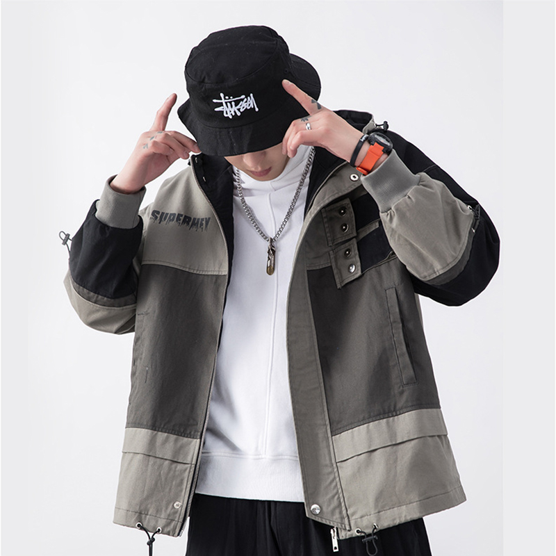 Brand Men's Clothes Loose Coat Spring Fashion New Trend Hooded Hit Colour Jacket With Pockets For Male casual, Gray