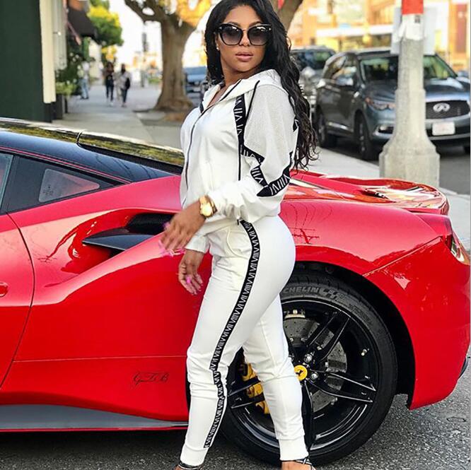 Autumn Womens Panelled Hooded Tracksuits Casual Female Letter Printed Sports Set Fashion Ladies 2Pcs Set, White 
Autumn Womens Panelled Hooded Tracksuits Casual Female Letter Printed Sports Set Fashion Ladies 2Pcs Set, White