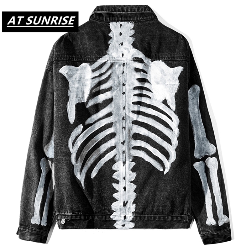 Graffiti Skeleton Bones Print Denim Jacket Streetwear Men Hip Hop Punk Rock Denim Jean Coats Fashioin Casual Jackets 201119