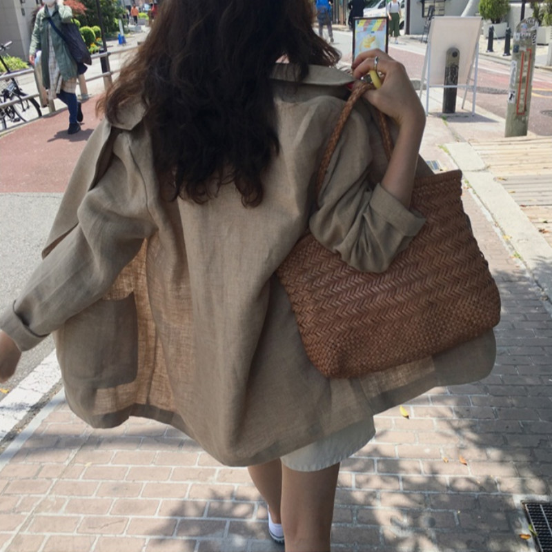 Women Summer Cotton Linen Notched Collar Jacket Vintage Coat Single Button Casual Chaqueta Mujer Pocket Veste Femme 201126