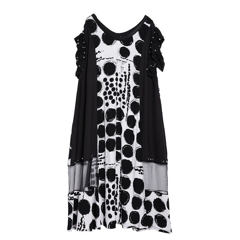 XITAO Dot Splice Mesh Rivet Midi Dress for Women Oversize Summer Short Sleeve Sexy Women Plus Size Dress Fashion DLL3570 T200416
