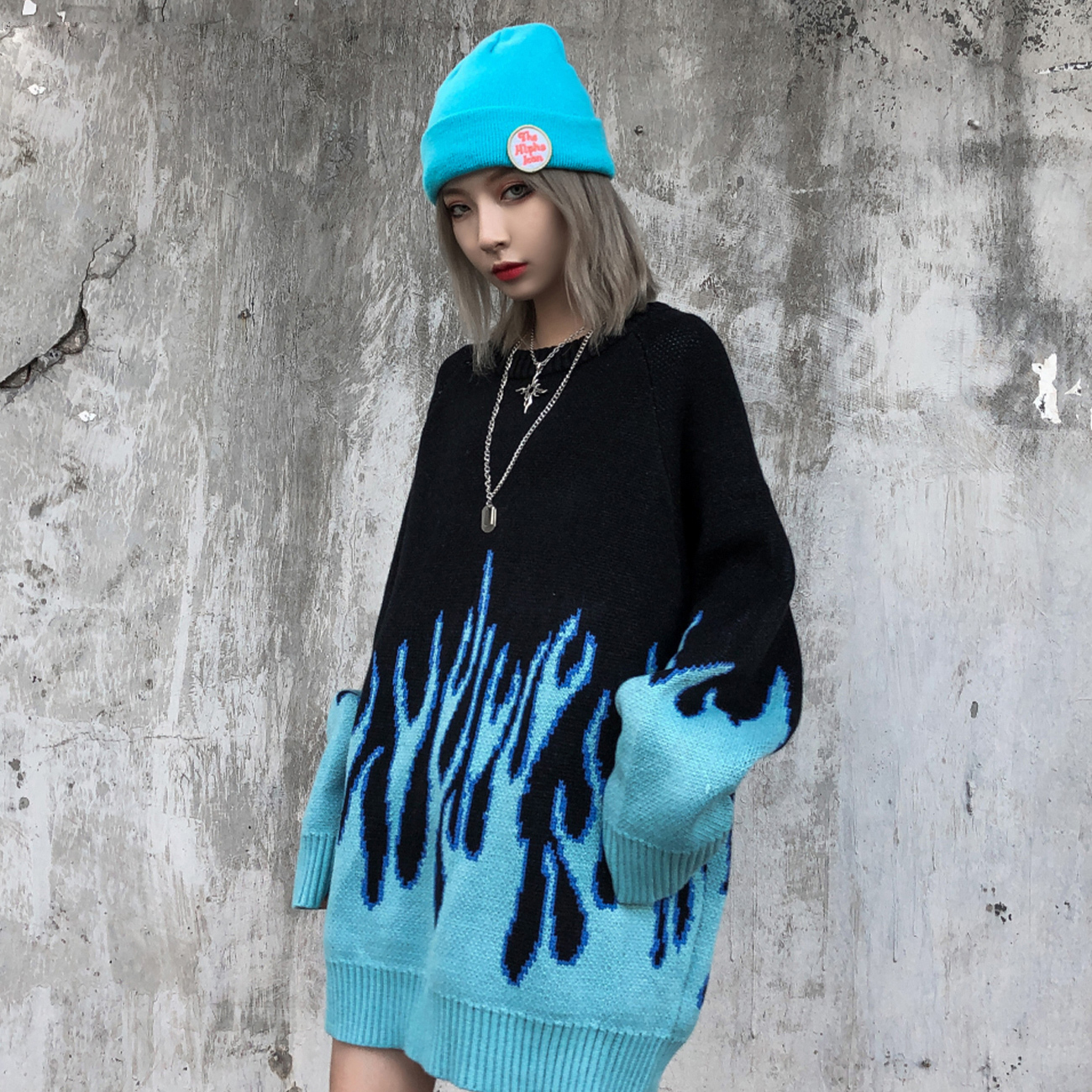 Sweater Pullover Men Streetwear Blue Fire Flame Knitted Sweater Hip Hop Harajuku Tops Casual Couple Sweater Black 201203