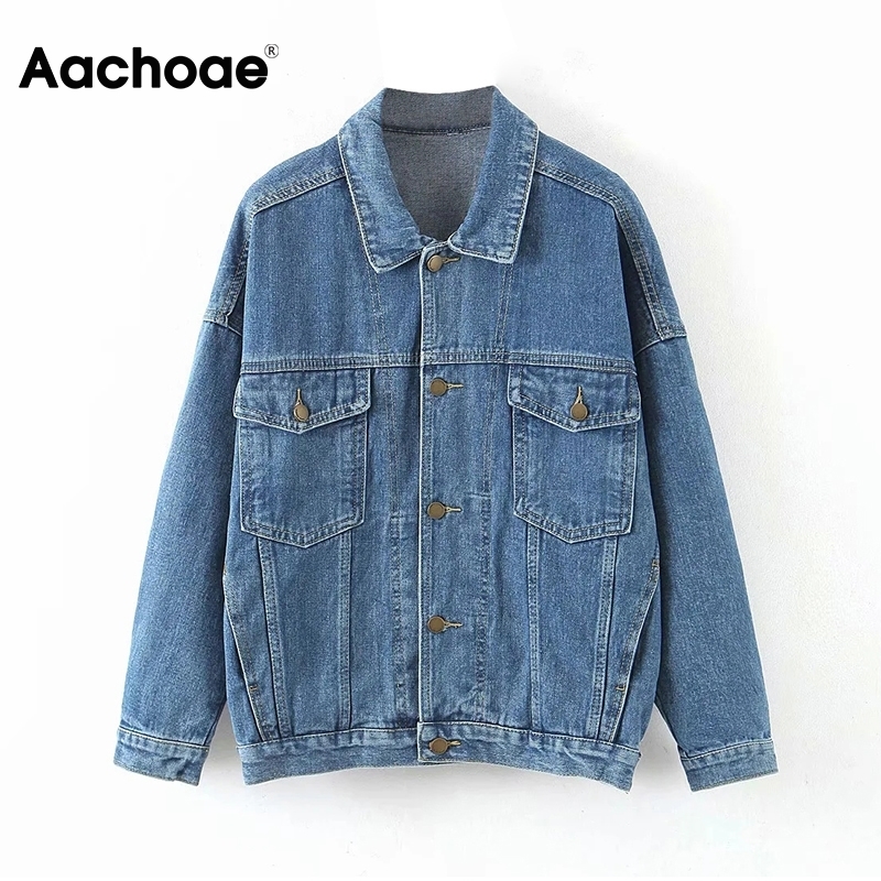 Aachoae Women Streetwear Denim Jacket With Pockets Batwing Long Sleeve Single Breasted Coat Loose Turn Down Collar Outwear 201112